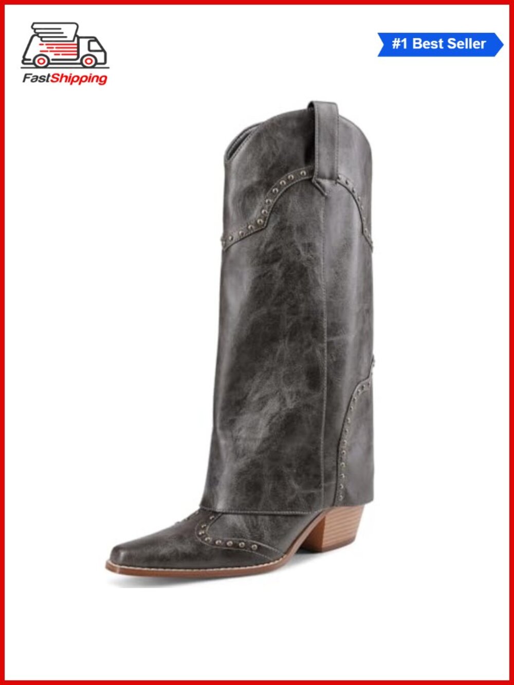 Women's Faux Leather Knee High Cowboy Boots Fold Over Block Heel Pull-On